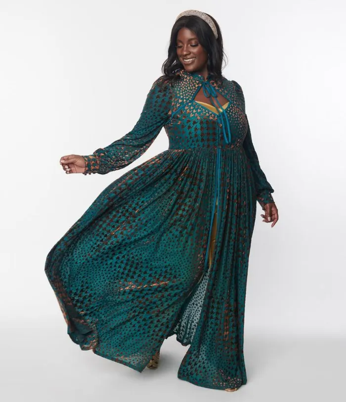 Teal Houndstooth Burnout Velvet House Duster DressesClothingPlus Unique Vintage Midi and Maxi