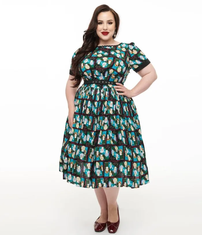 The Golden Girls X Plus Size Black and Blue The Golden Girls Print Swing Dress DressesPlus Unique Vintage Swing
