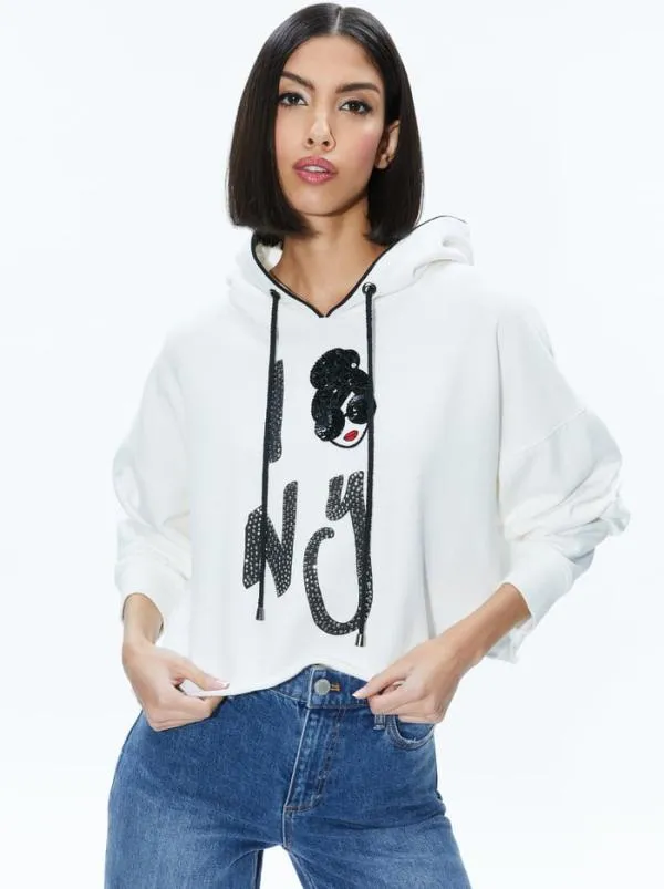 Tops Women Alice Olivia SUNNY BOXY STACEFACE CROPPED HOODIE Optic White