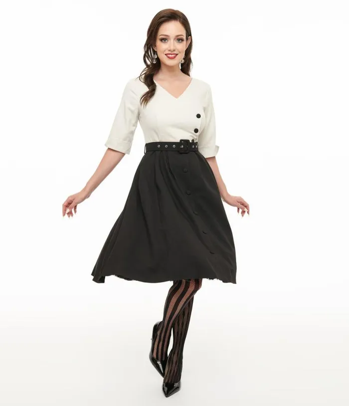 Voodoo Vixen 1950s White and Black Button Swing Dress DressesPlus Unique Vintage Pocket Dresses Voodoo Vixen 1950s White and Black Button Swing Dress DressesPlus Unique Vintage Pocket Dresses