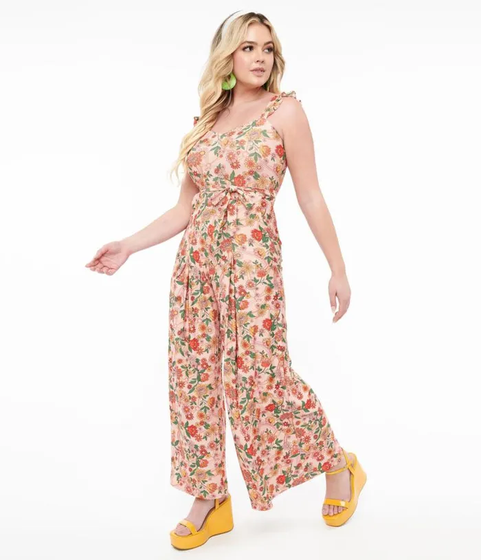 Voodoo Vixen 1970s Pink Rainbow Floral Print Jumpsuit ClothingPlus Unique Vintage Rompers and Jumpsuits