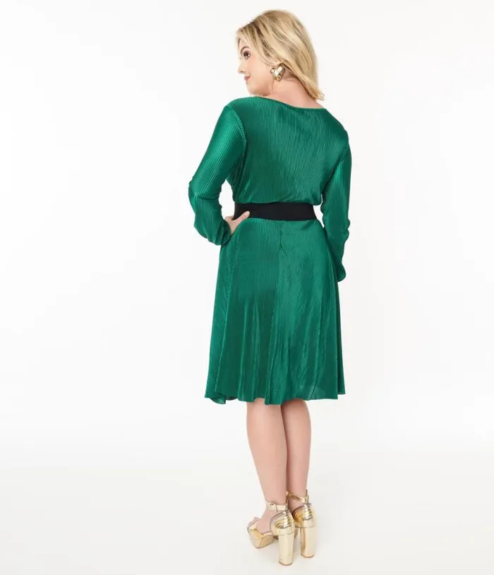 Voodoo Vixen Green Pleated Satin Swing Dress DressesPlus Unique Vintage Swing