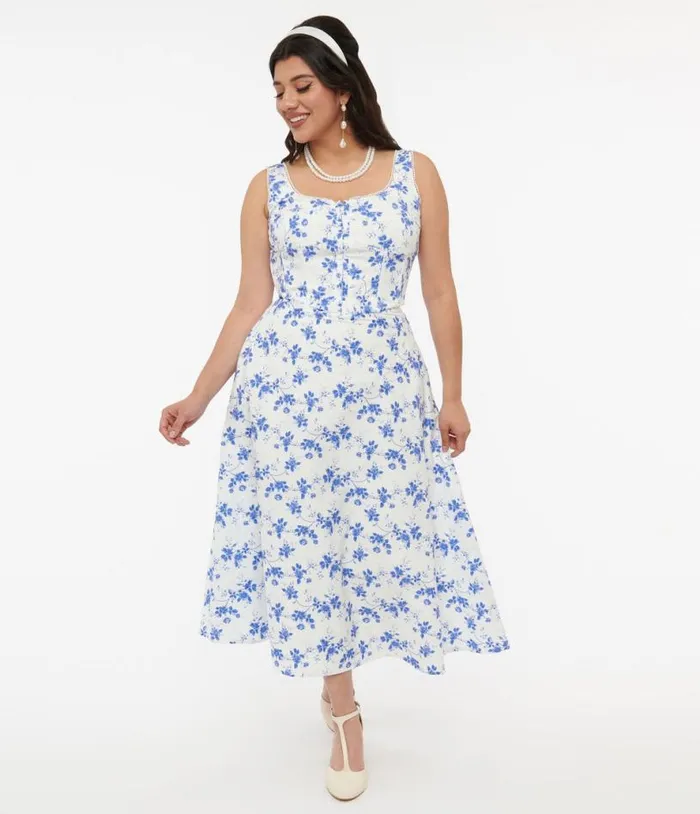 White and Blue Floral Cotton Midi Dress Dresses Unique Vintage Pocket Dresses White and Blue Floral Cotton Midi Dress Dresses Unique Vintage Pocket Dresses