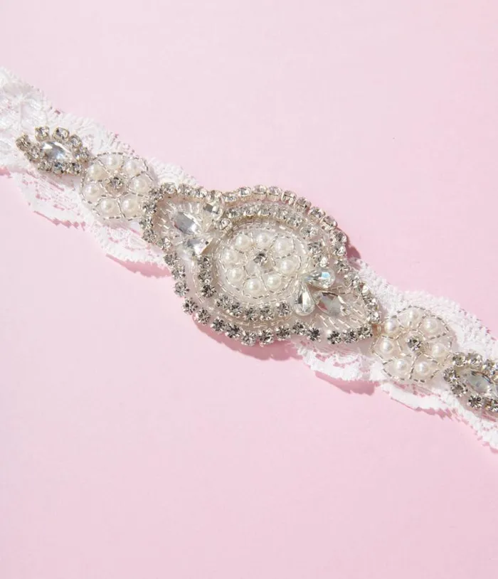 White Lace and Rhinestone Bridal Garter Set Accessories Unique Vintage Stockings and Tights