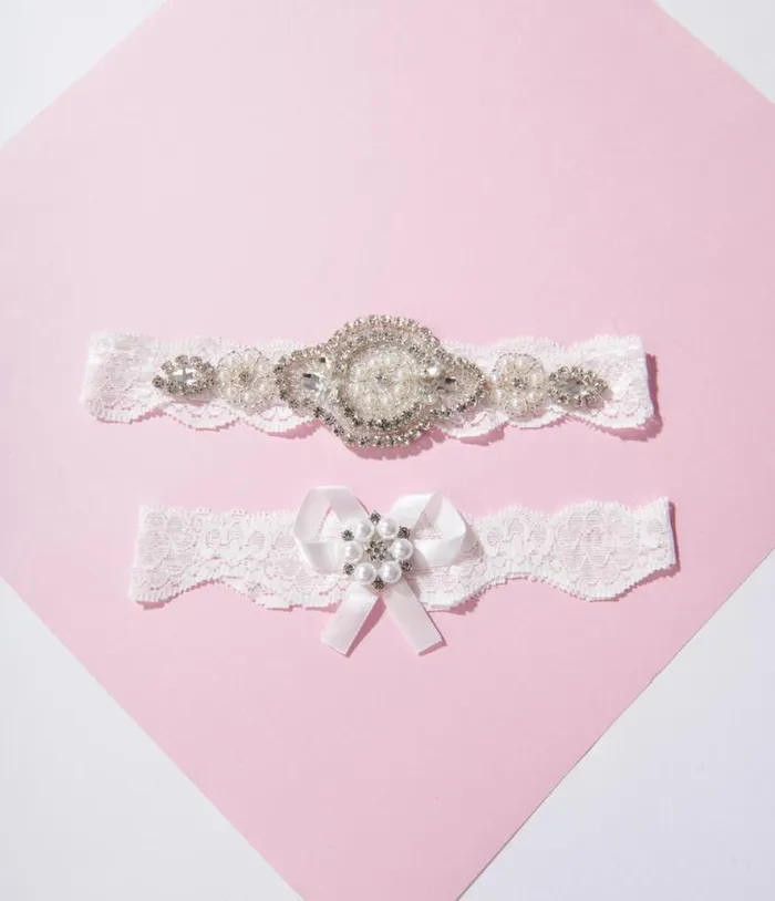 White Lace and Rhinestone Bridal Garter Set Accessories Unique Vintage Stockings and Tights
