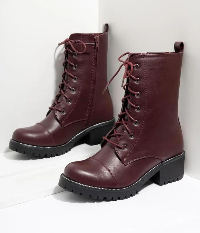Wine Leatherette Lace Up Combat Boots Shoes Unique Vintage Boots