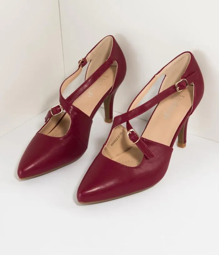 Wine Red Leatherette Cross Strap Pointed Toe Pumps Shoes Unique Vintage Heels
