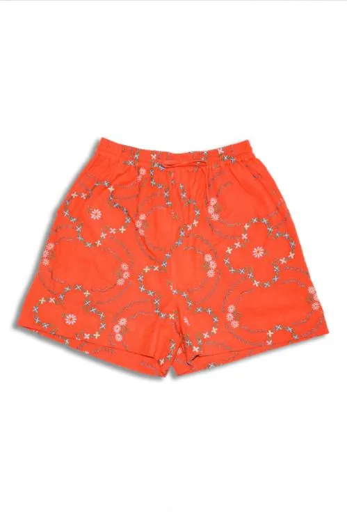 Women Coords Damson Madder Table Cloth Shorts 8211 Red Flower Embroidery