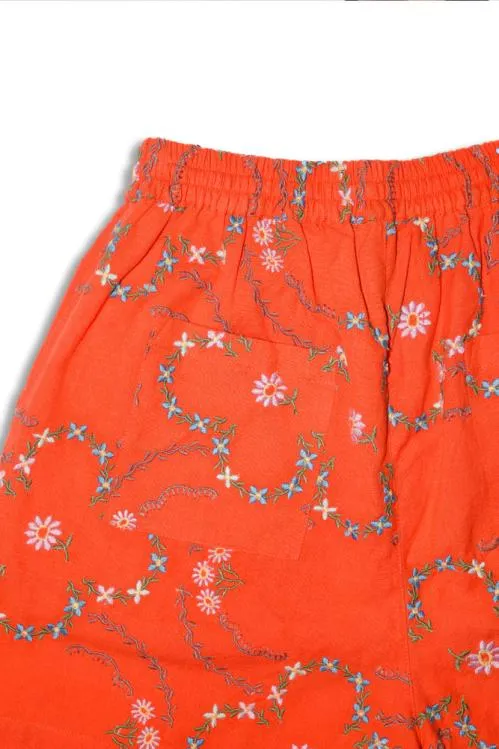 Women Coords Damson Madder Table Cloth Shorts 8211 Red Flower Embroidery