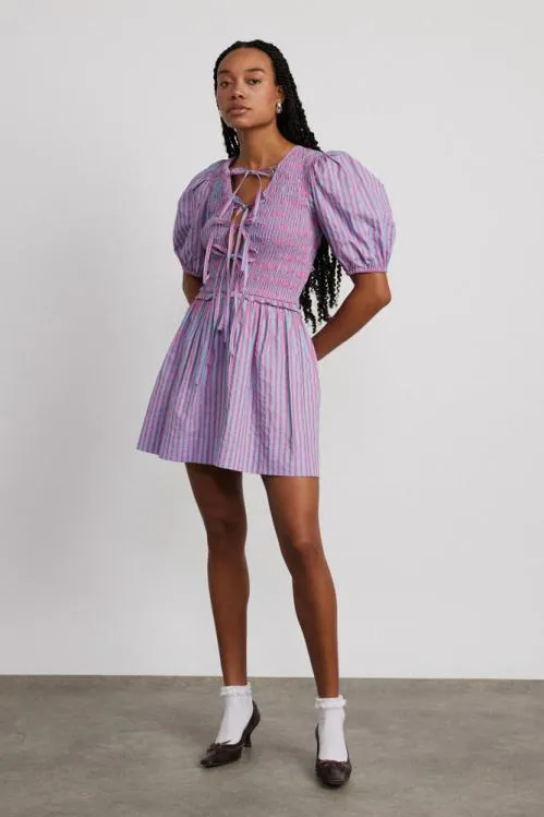 Women Dresses Damson Madder Bluebelle Shirred Mini Dress 8211 Pink and Blue Stripe