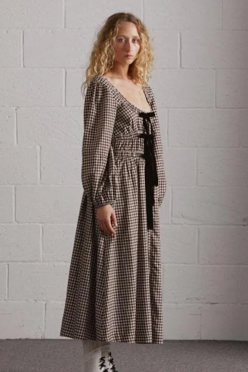 Women Dresses Damson Madder Dakota Bow Midi Dress 8211 Chocolate Check