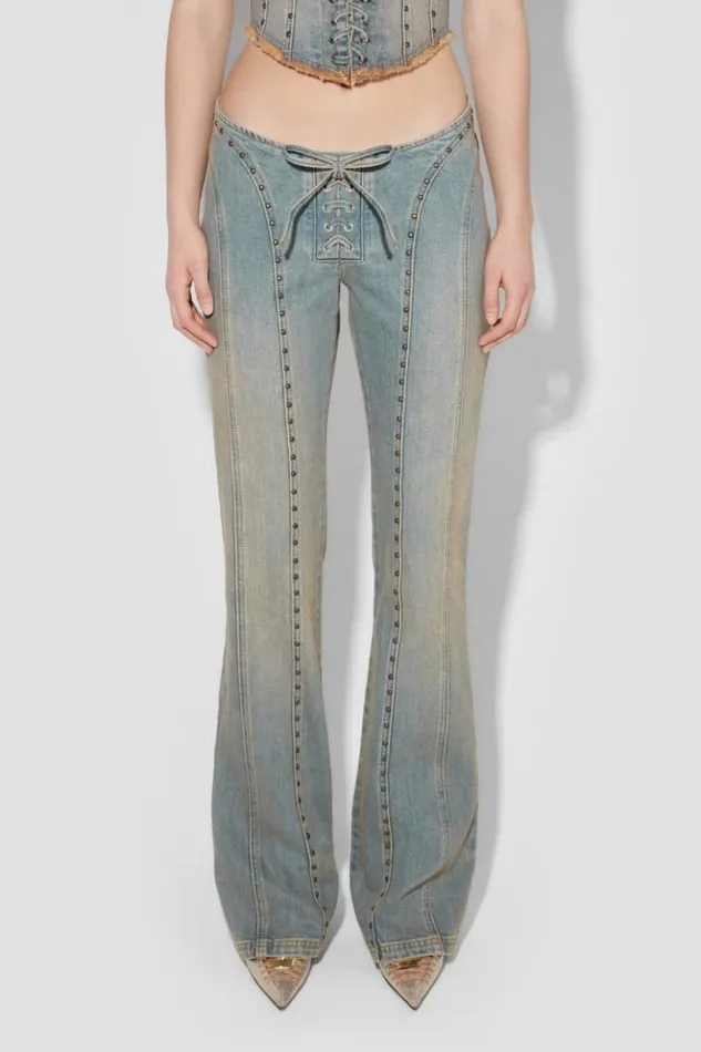 Women Trousers MISBHV Sunset Wash Lara Laced Denim Studded Trousers Blue