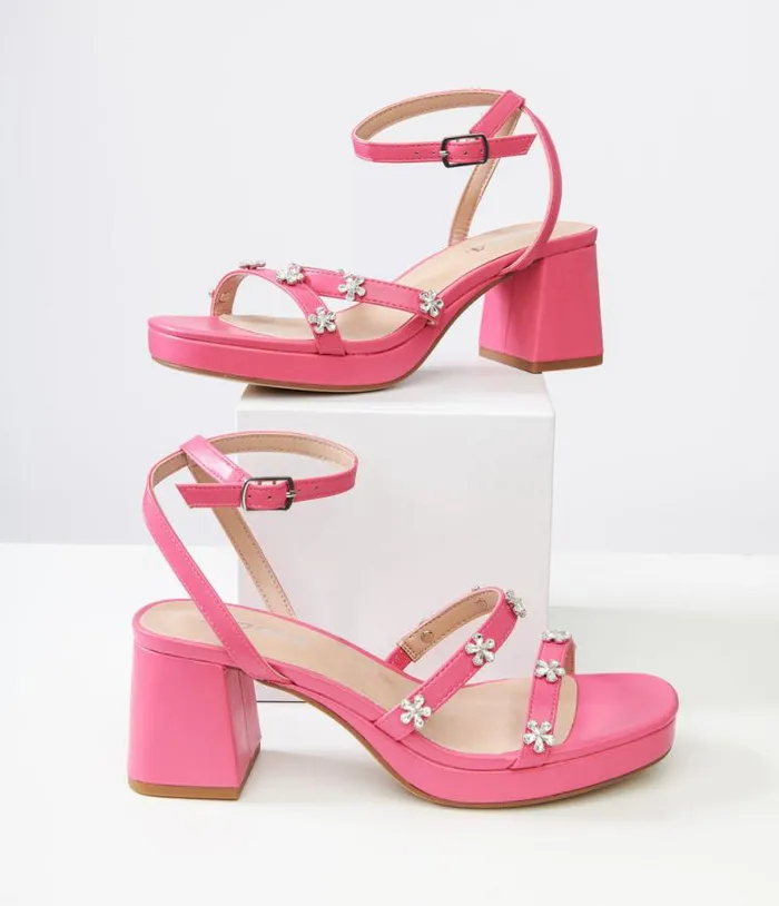Y2K Pink Leatherette and Rhinestone Floral Platform Heels Shoes Unique Vintage Sandals